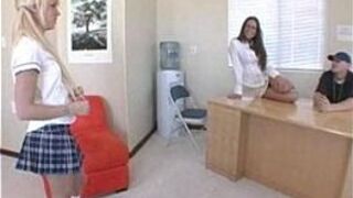 Horny brunette talks a shy blonde teen into joining in on a threesome - porn video