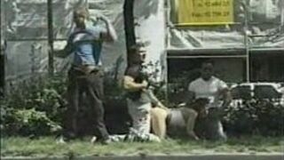 three guys fucking a slut in a public - porn video